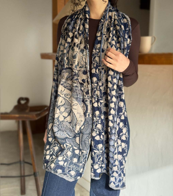 foulard lino jeans floral bleu